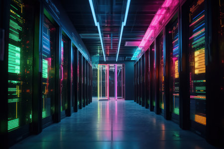 server room data center with rows of server racks. 3d renderingの素材