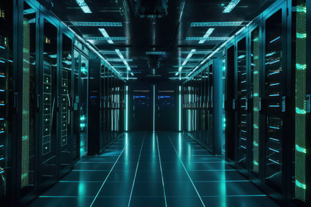 3d rendering server room data center with storage and hosting servers.の素材
