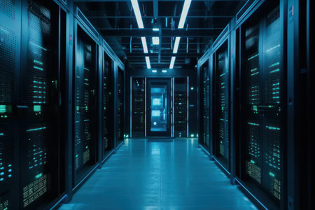 server room data center with hard disk drive storage and blue light filterの素材