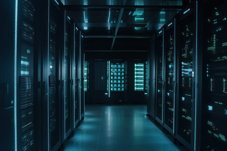 server room data center with rows of server racks. 3d renderingの素材