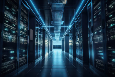 Server room data center hallway. 3d rendering toned image double exposureの素材