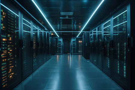 server room data center with rows of black servers. 3d renderingの素材