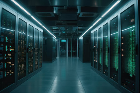 server room data center with rows of server racks for digital data storageの素材