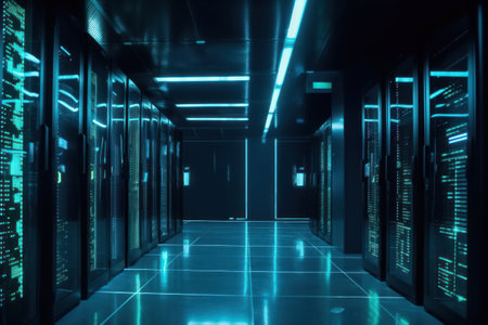 Server room data center hallway. Backup, mining, hosting, mainframe, farm and computer rack with storage information. 3d renderingの素材