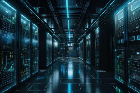 Dark server room with bright glowing lights, 3d rendering toned imageの素材