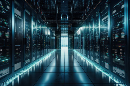 server room data center with rows of server racks. 3d renderingの素材