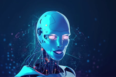 3d rendering cyborg woman or female robot with circuit board backgroundの素材