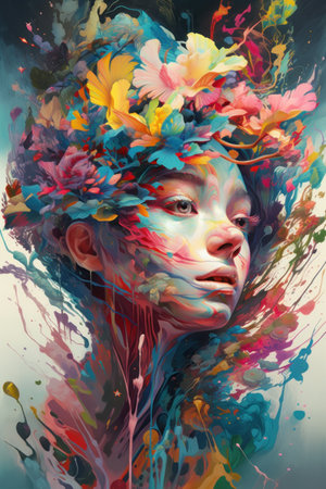 Portrait of a beautiful girl with flowers in her hair. colorful abstract painting.の素材