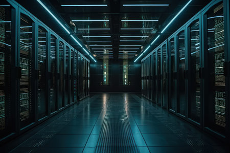 server room data center with rows of server racks. 3d renderingの素材