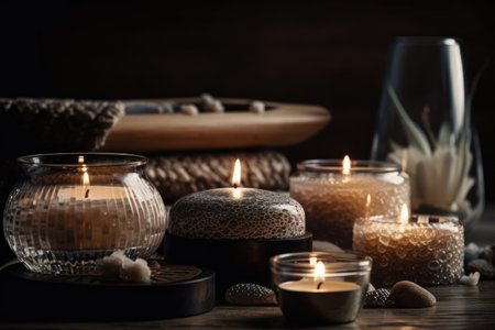 Beautiful spa composition with burning candles on wooden table, closeupの素材