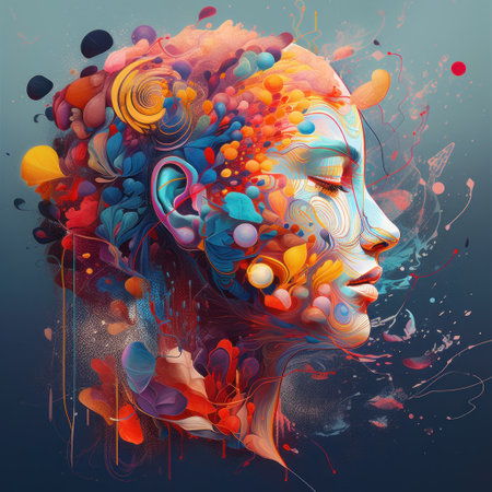 Abstract portrait of a beautiful woman with colorful hair and make-upの素材
