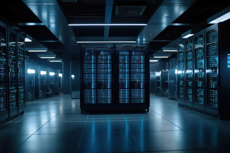 server room data center with rows of server racks for digital data storageの素材