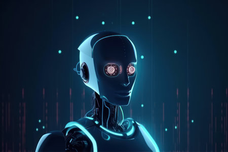 3d rendering humanoid robot with circuit board on dark background, artificial intelligence conceptの素材
