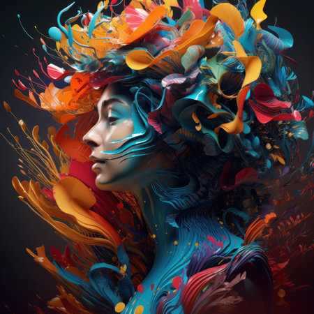 Portrait of a beautiful woman with abstract hair and colorful splashes.の素材