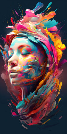 Digital Illustration of a Female Face Surrounded by Colorful Paint Splashesの素材