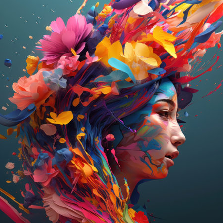 Portrait of a beautiful young woman with colorful flowers in her hairの素材