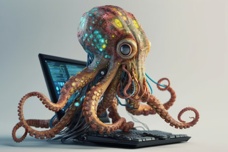 Octopus with a computer on a white background. 3d illustrationの素材