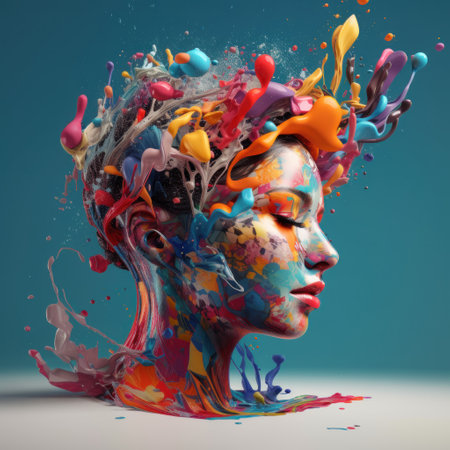 3d rendering of a female face with colorful paint splashes.の素材