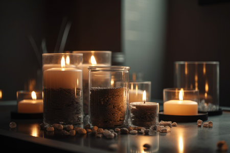 Burning candles with coffee beans on table in darkness, closeupの素材