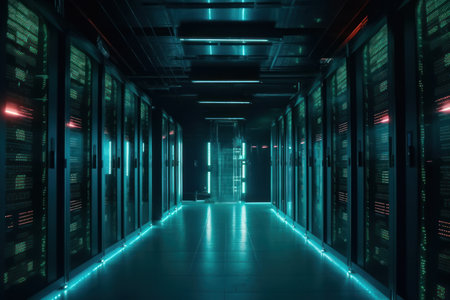 Futuristic server room with glowing neon lights. 3D Renderingの素材