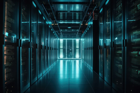 server room data center with rows of server racks. 3d renderingの素材