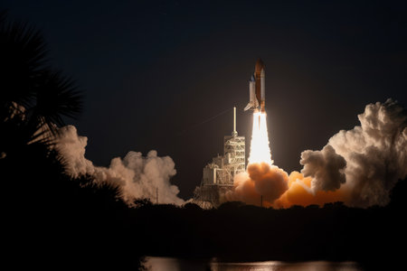Rocket taking off into the night sky.の素材