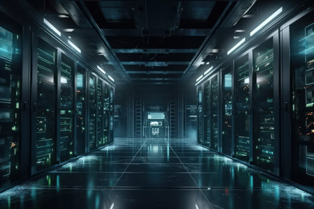 server room data center with rows of server racks. 3d renderingの素材