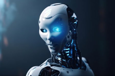 3d rendering humanoid robot with artificial intelligence in blue light on dark backgroundの素材