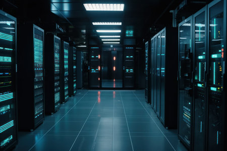 server room data center with rows of server racks for digital data storageの素材