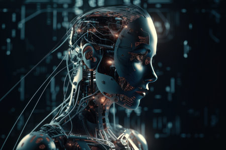 Cyborg woman with digital circuit board on dark background 3D renderingの素材
