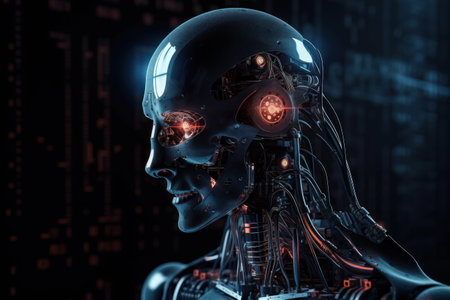 3d rendering of male cyborg with circuit board on dark backgroundの素材