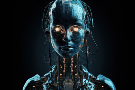 3d rendering of a female robot with artificial intelligence concept on black backgroundの素材