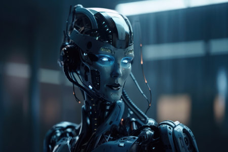 3d rendering humanoid robot working in a dark space, artificial intelligence conceptの素材