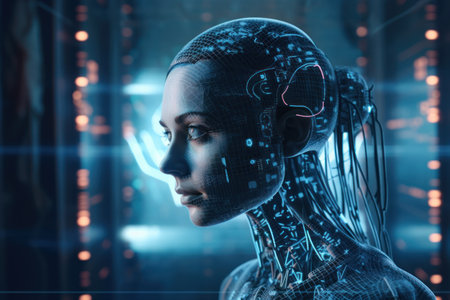 Cyborg woman with digital brain hologram. artificial intelligence concept. 3D Renderingの素材