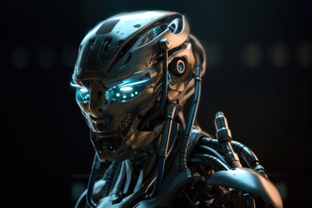Cyborg in the dark, close-up. 3d renderingの素材