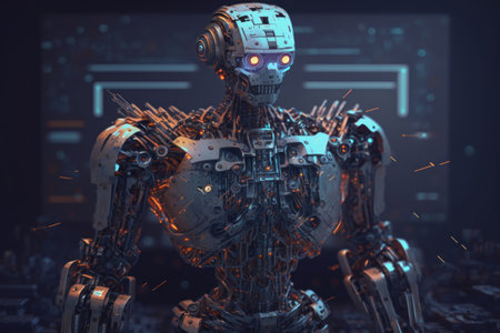 3d rendering robot with circuit board on dark background, future technology conceptの素材