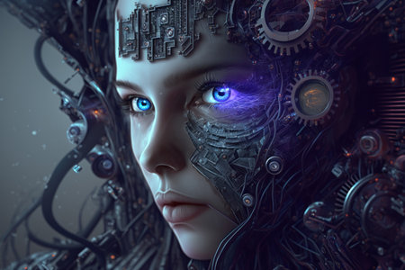 Cyborg woman with gears and cogwheels. 3D renderingの素材