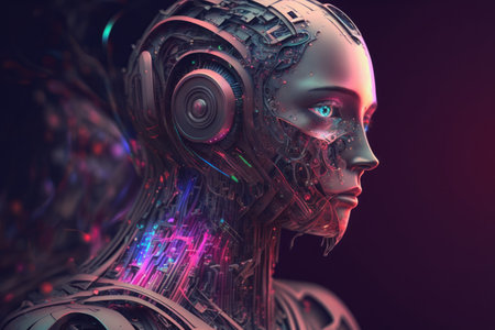 3d rendering of a female robot with colorful lights on her headの素材