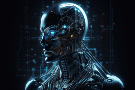 3D rendering of a female robot on dark background with circuit boardの素材