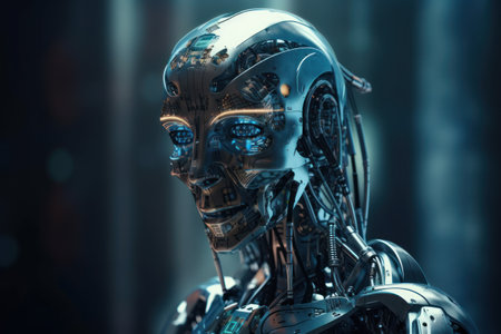 3d rendering humanoid robot in a dark room with lights and reflectionsの素材