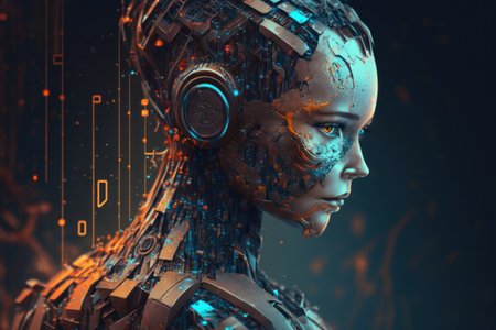 3d rendering of cyber woman or robot with circuit board on dark backgroundの素材