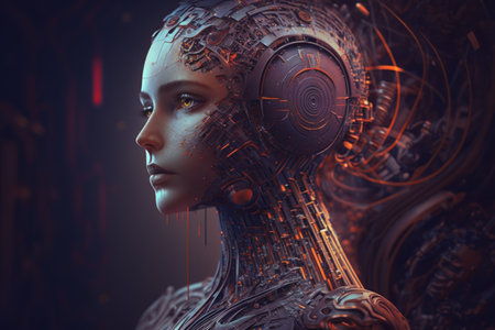 3D rendering of a female robot in futuristic cyber space. Sci fi concept.の素材
