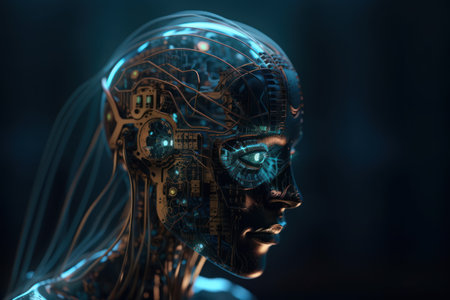 3d rendering of artificial intelligence cyborg with circuit on dark backgroundの素材