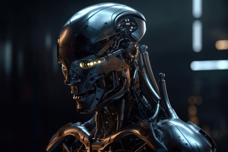 3D rendering of a female robot in a dark space suit.の素材