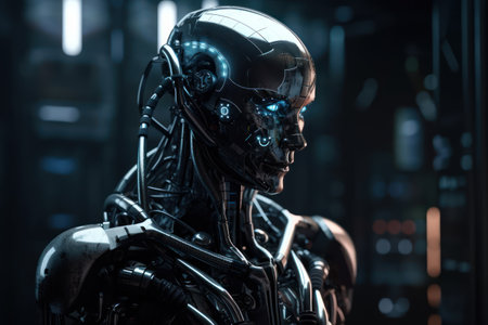 Close-up of a female robot in a dark room. Futuristic concept.の素材
