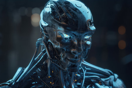 3d rendering of a male robot in a cyberspace environmentの素材