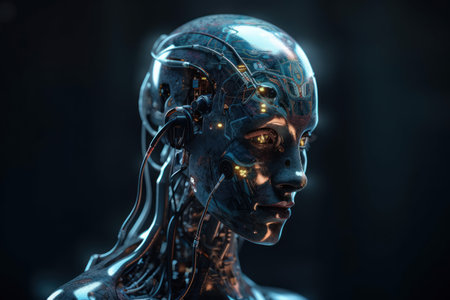 3D rendering of a female robot with futuristic glowing skin on dark backgroundの素材