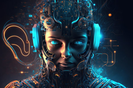 3d rendering of female robot or cyborg with circuit board backgroundの素材
