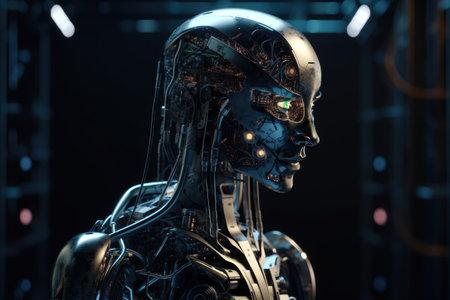 3D rendering of a female robot with artificial intelligence on black backgroundの素材