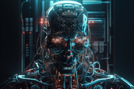 Futuristic robot with glowing eyes on dark background 3D renderingの素材